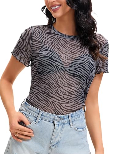 Haianguoji Women's Sheer Mesh Printed T-Shirt See Through Short Sleeve Tops Lightweight Stretch Transparent Blouse for Layering (Stripe, L)