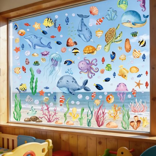 Simpeak 134 Pcs Stickers Muraux Océan, Autocollants de Fenêtre Poisson Tortue Marine Étoile de...