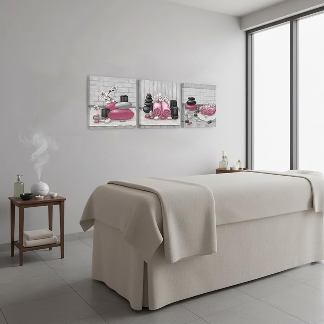 RnnJoile Spa Canvas Wall Art Zen Stone Orchid Picture Painting Hot Pink Still Life Prints for Bathroom Zen Meditation Room Decor Framed 12"x12" for Each