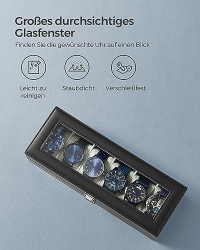 SONGMICS JWB06BK Uhrenbox mit 6 Fächern, Schatulle, mit Glasdeckel, abnehmbare Polster, Schloss aus Metall, schwarz beschichtet und Futter in Grau