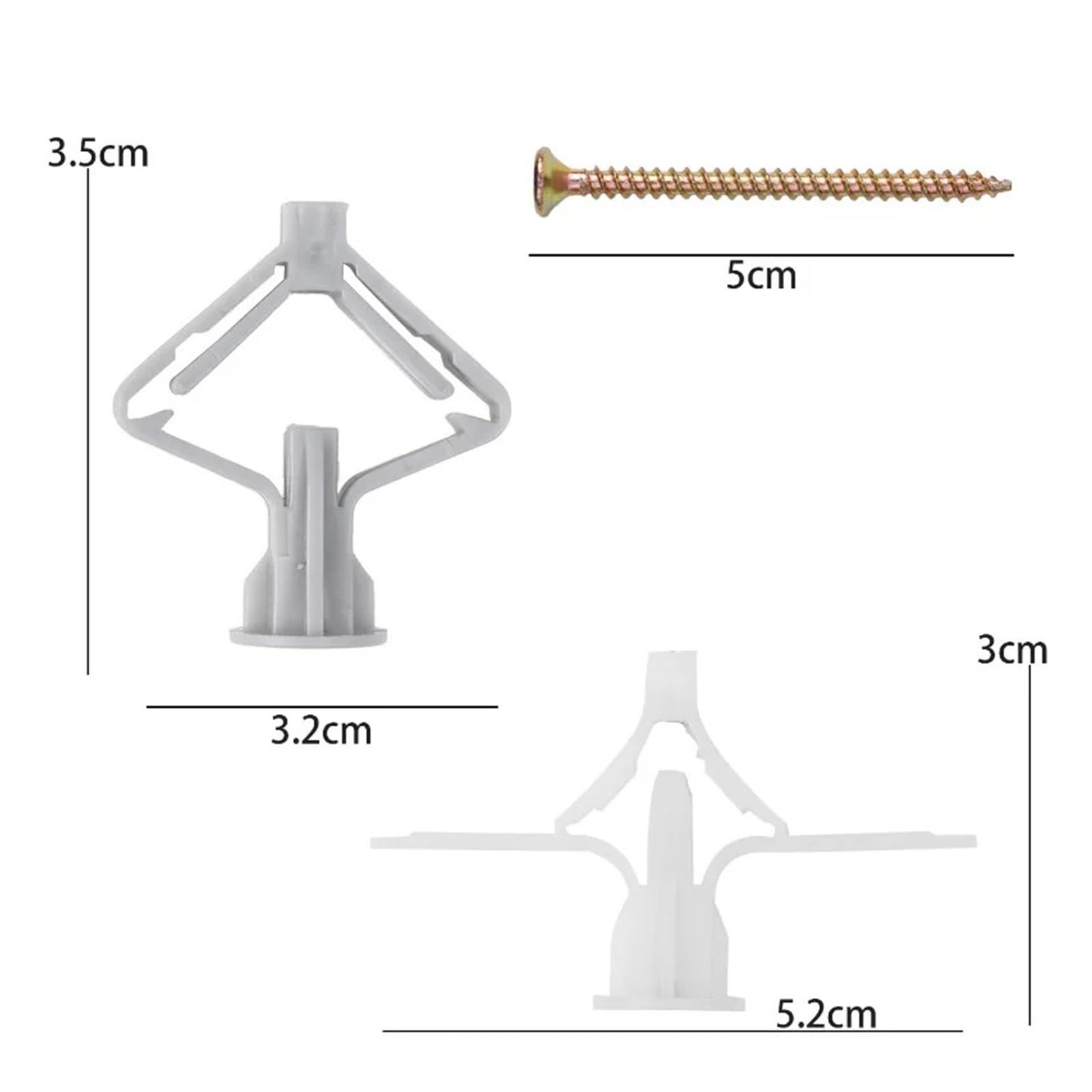 Tacos de pared de palanca de plástico, anclajes de expansión para paneles de yeso huecos, Kit de fijación de pernos de anclaje, herramientas de fijación de Hardware(White,5cm (100sets))