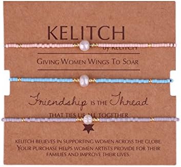 KELITCH Women Pearl Seed Bead Bracelets Strand Thin Rope Handmade Woven Braided Adjustable Charm String Bracelets Friendship Jewelry 3PCS - 02Q