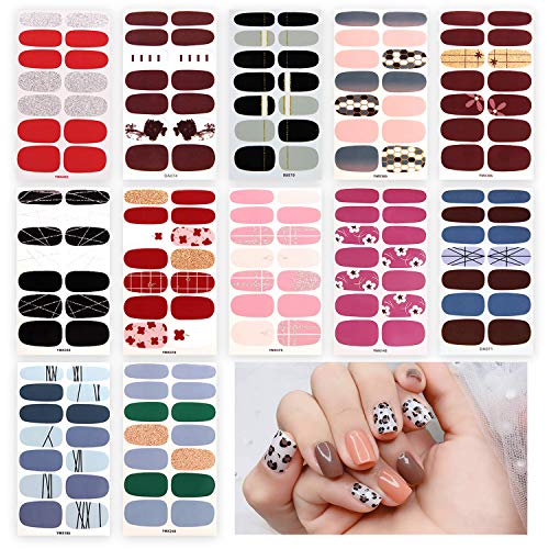 12 Sheets Random Style Full Wraps Nail Polish Stickers, DIY Self-Adhesive False Nail Art Decals Strips Manicure Kit with 1Pc Nail Buffers Files