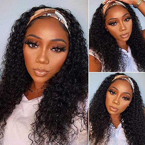 Perruque Bandeau Cheveux Humain Deep Wave Perruque Femme Naturelle Brésilien 16 Pouces(40cm) 150% Densité Perruque Bresilienne Bouclée Non Lace Curly Headband Wig Noire Naturelle Cover