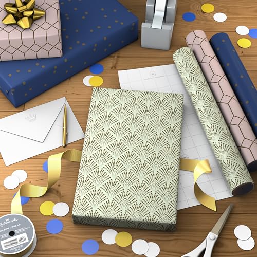 Hallmark Elegant Wrapping Paper Mini Rolls, 3-Pack (Art Deco Gold, Pink Geometric, Navy Blue) for Birthdays, Graduations, Weddings, Mother\'s Day, Father\'s Day, Any Occasion - 60 Sq. Ft. Total