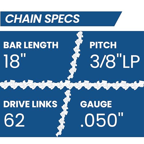 Image of 18 Inch Chainsaw Chain, 3 /8 inch LP Pitch .050 inch Gauge 62 Drive Links, Germany Steel Anti-Kickback Replacement for Poulan 4218, 4018, Echo CS-400, EGO CS1800, 3-Pack