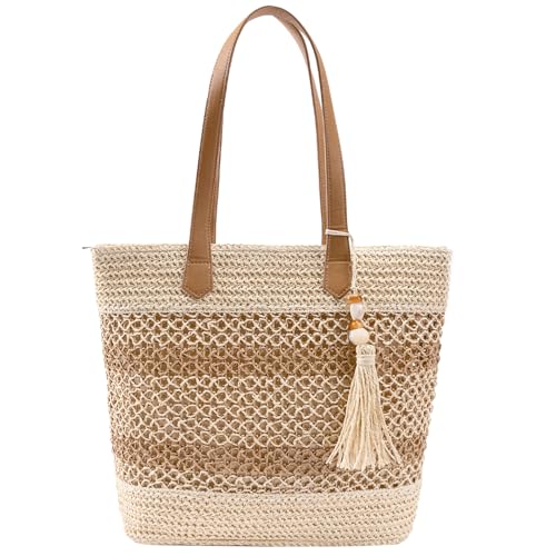 Sommer Stroh Strohtasche Korbtaschen - 2026 Damen Boho Groß Beach Geflochtene Handtasche Vintage Leichte Faltbare Tragetasche mit Reißverschluss für Reisen Einkaufen Urlaub Pendeln (Beige)