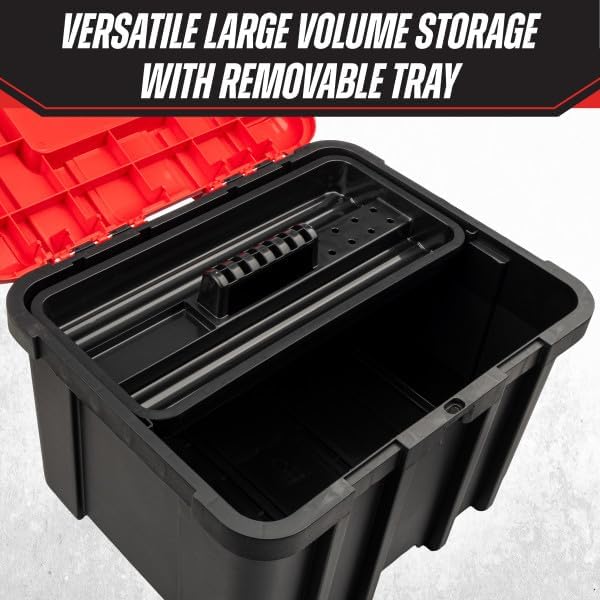 Plastic Tool Box Organizer - 18.7” Extra Large Portable Toolbox with Removable Tool Organizer Tray and Deep Storage Box - Heavy Duty Plastic Toolbox Caddy Tote with Handle by Stalwart (Red)