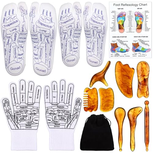 Threlaco 16 Pcs Reflexology Socks and Gloves with Tools Foot Reflexology Socks with Acupressure Gloves & 8 Pcs Massage Point Tools Foot Relief Acupressure Massager Set for Women and Men(Amber)