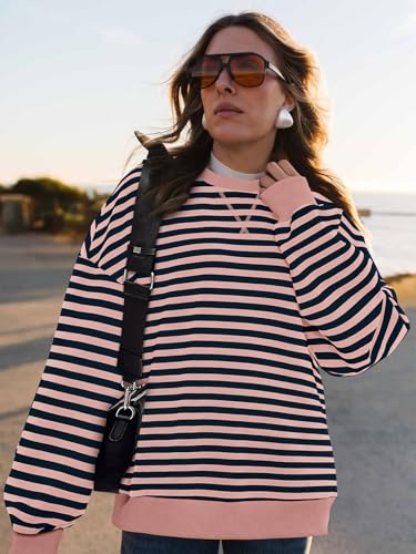 PRETTYGARDEN Womens Oversized Sweatshirt Casual Striped Color Block Long Sleeve Crewneck Pullover Tops Spring Y2k Clothes (Pink Navy, Medium) — view 6