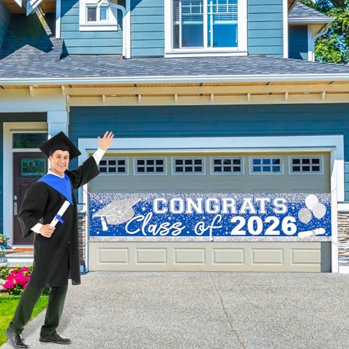 Image of Large Congrats Grad Banner Light Blue Class of 2026 Banner Backdrop 2026 Yard Sign for Graduation Party Supplies Graduation Decorations 2026 (Light Blue)