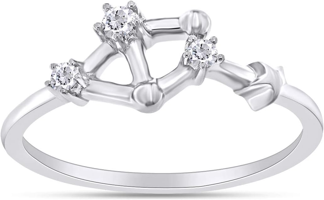 AFFY 1/10 Carat Natural Round Diamond Celestial Star Horoscope Astrology Zodiac Sign Ring In 14k White Gold Over Sterling Silver (0.1 Cttw, H-I Color, I1-I2 Clarity)