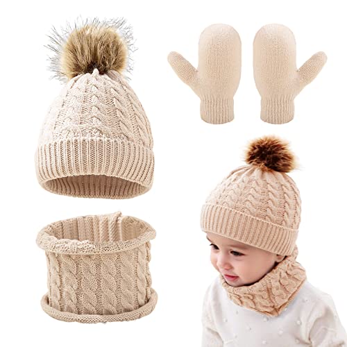 Kinder Wintermütze Schal Handschuhe Mädchen Set, Mütze und Halstuch Baby Set Strickmütze Babymütze Kinder Mütze Set Baby Mütze Warme Winter Beanie Hut Handschuhe runder Schal Set für Kinder 1-3 Jahre Cover
