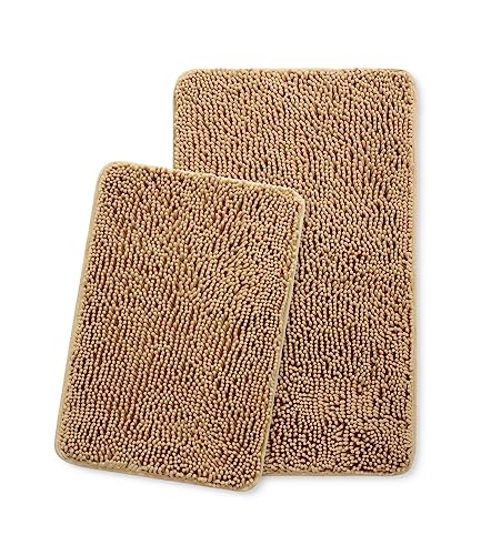 Yeaban Bathroom Rugs Sets 2 Piece,Thick Chenille Bath Mats,Absorbent and Washable Bath Rug Non-Slip, Extra Soft Rugs for Bathroom Floor,Tub,Shower and Sink(17"x24" and 20"x32",Beige)