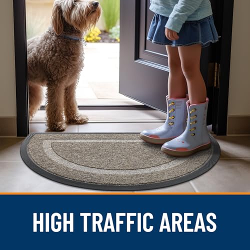 Image of OLANLY Half Circle Door Mat Indoor Outdoor Entrance Welcome, Waterproof All-Season, All-Weather Doormat, Sturdy Natural Rubber, Easy Clean Patio Porch Entryway Mat, 71x23, Khaki and White