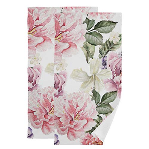 ALAZA Washcloths Set of 2, Vintage Floral Pink Chic Peony Dish Towels and Dish Cloths for Face, Hand, Kitchen & Cleaning, 28 x 14 inch