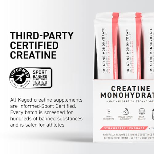 Image of Kaged Creatine Monohydrate + Max Absorption Technology | Micronized Powder Stick Packs | Strawberry Lemonade | Muscle Building & Recovery | Brain Health | Supplements for Men & Women | 25 Servings