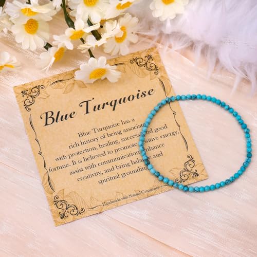 BONNY BOXX Natural Genuine Gemstone Faceted Round Beads Bracelets, 3mm Adjustable Stretchy Tiny Faceted Blue Turquoise Bracelet, Healing Crystal Reiki Chakra Dainty Jewelry Fashion Gifts3