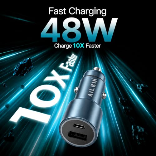 Image of Ailkin 48W Dual Output Car Charger Fast Charging with Type-C PD (36W) & USB(12W), Charging Adapter Compatible with Cars for iPhone 17 /16 /15 & Android Smartphone, Smartwatch, Earbud, Power Bank