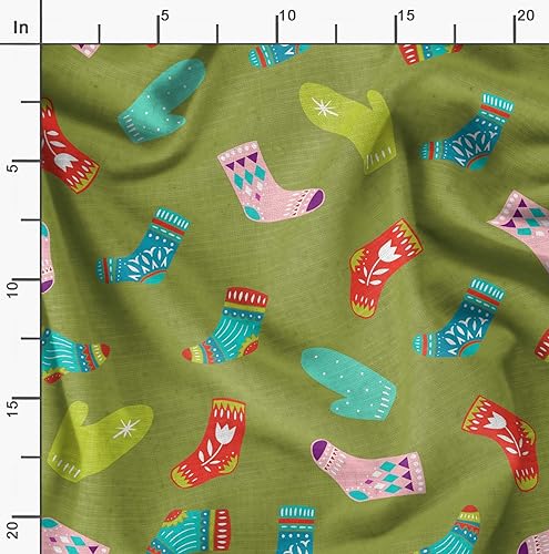 Image of Soimoi Green Polyester Crepe Fabric Socks & Gloves Folk Art Printed Craft Fabric by the Meter 42 Inch Wide