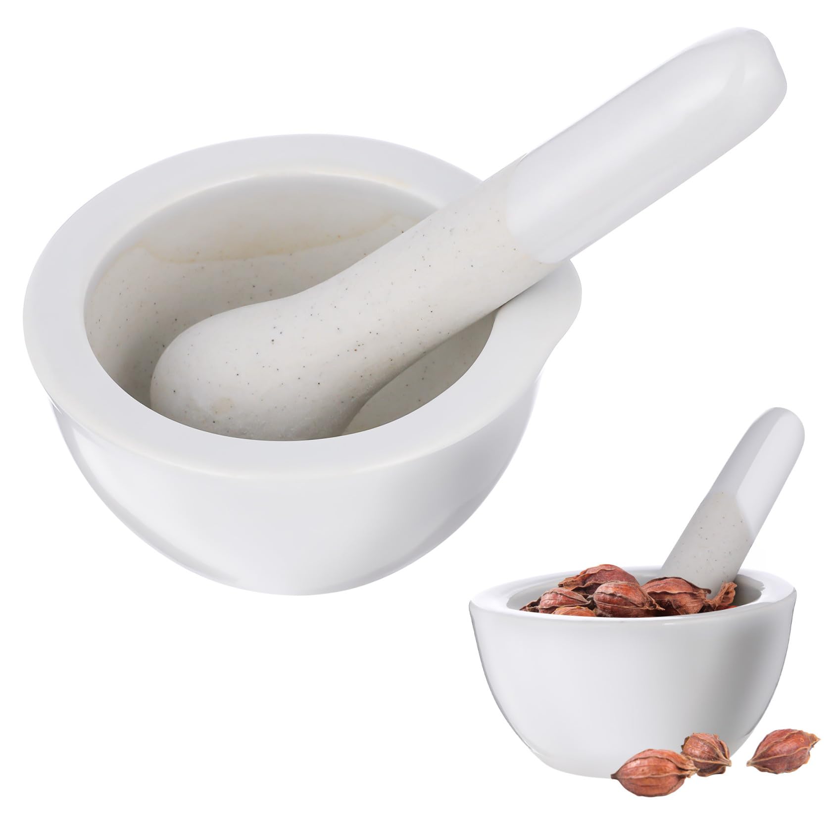 Set 2 Pezzi Ciotola per Macinare Medicinali in Porcellana Bianca 60mm Pestello Ergonomico Utensili per Triturare Spezie e Pillole in Casa e Farmacia