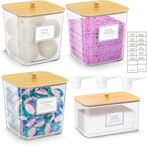 Fushiton 3+1 Pack Laundry Storage Containers with Wooden Lids Clear Acrylic Canisters for Detergent Pods Scent Boosters and Dryer Sheets Includes Scoops and Labels Laundry Room Organisation Set