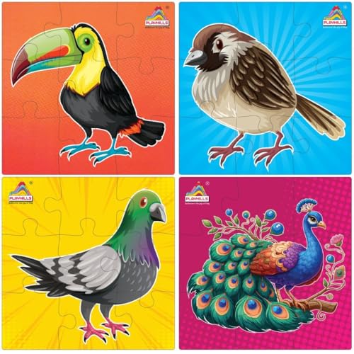 Image of Wooden Jigsaw Puzzle | Birds Around US | 9-Piece Puzzles for Kids | Early Learning Game | Pack of 4 Birds for Children