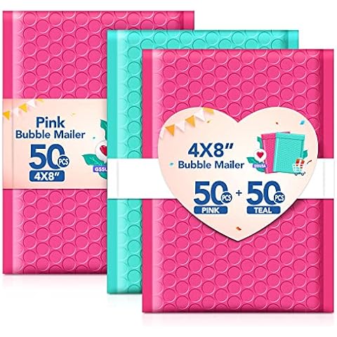 GSSUSA Bubble Mailers 4x8" Pink100Pack + Teal 50 Pack, Padded Envelopes Bubble Mailers, Packaging for Small Business,Shipping Supplies Cover