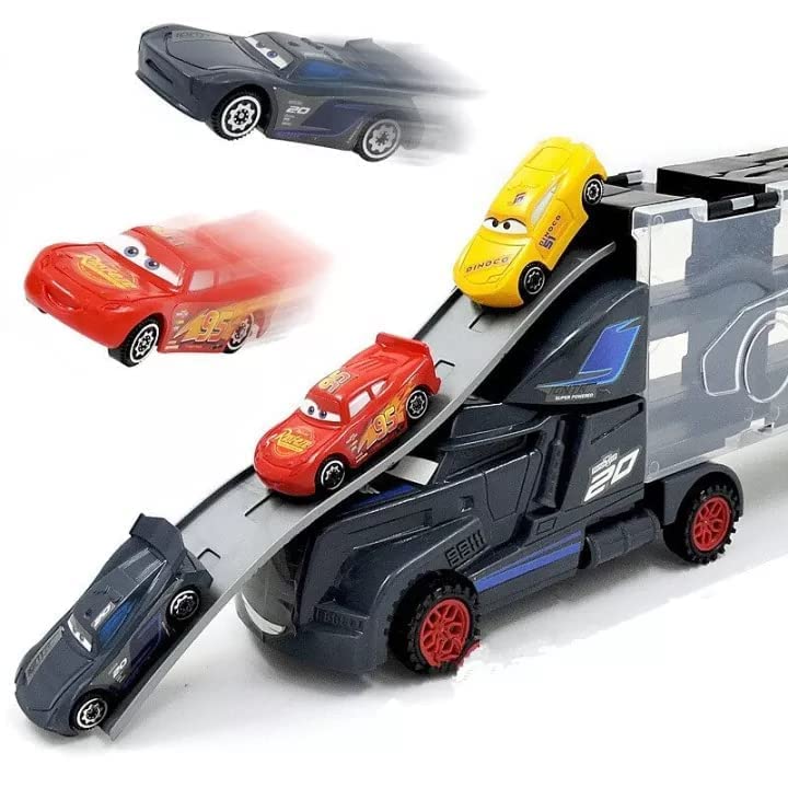 Image of Transport Trucks for Kids - 7 in 1 Big Unbreakable Carrier Transport Truck with Slots for 6 Alloy Metal Car Playset for Kids, Vehicle Learning Gift Toys for Toddlers