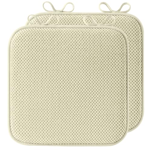 puredown® Chair Cushions for Dining Chairs, Set of 2 Memory Foam Seat Cushions with Non-Slip Backing & Ties, 16" x 16" x 1.5", Comfortable & Supportive Dining Chair Pads for Kitchen, Light Khaki