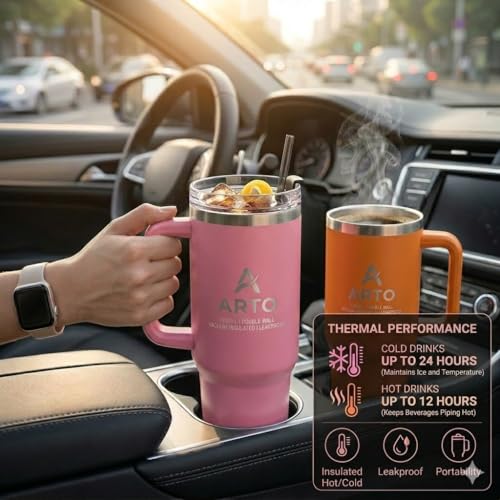 Image of Arto Stainless Steel Insulated Tumbler with Handle and Straw, 1200 ml, Leakproof Lid, Cup Holder Friendly - Multicolour (POF-1)