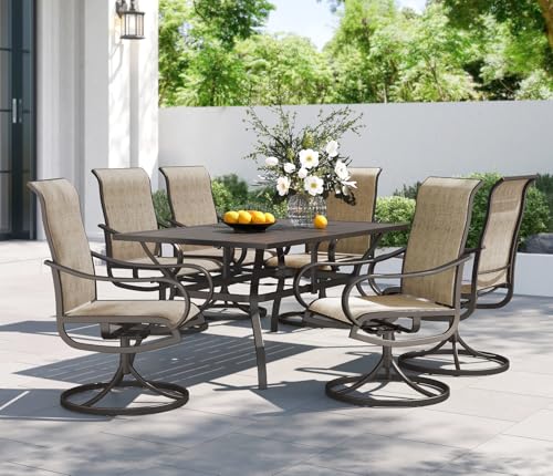 Image of PHI VILLA Outdoor Dining Set for 6, Swivel Mesh Chairs & Metal Table, Brown | 60'' metal rectangular table with umbrella hole and 6 breathable textilene patio chairs, designed for deck, backyard, garden