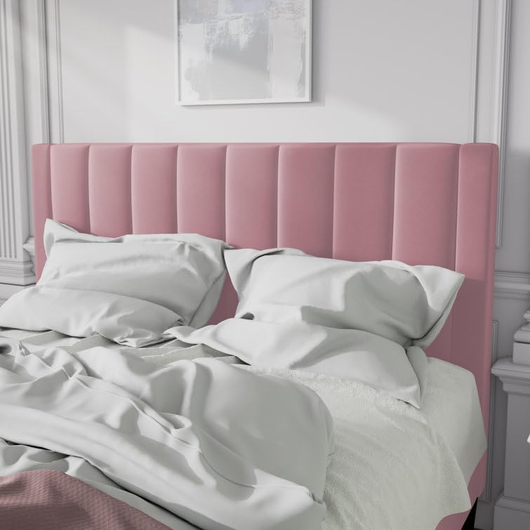 Image of HITHOS Modern Upholstered Queen Size Bed with Wingback Headboard | Wooden Double Bed Cot Palang Without Storage for Living Room Bedroom Home (Pink) 1 Year Warranty