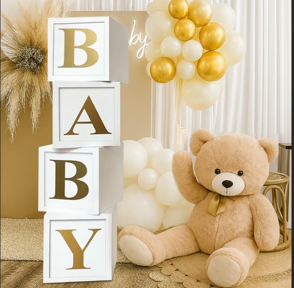 QIFU Baby Shower Decorations Baby Balloon Boxes Blocks with 30 Letters for DIY Boy Girl 1st Birthday, Teddy Bear Baby Shower, Bridal Shower, Gender Reveal Party Decoration