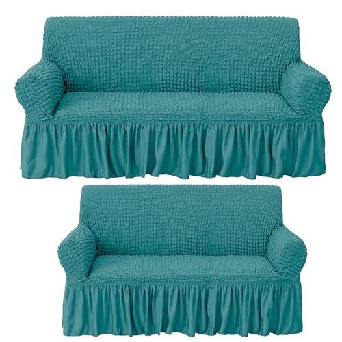 Image of House of Quirk Turkish Bubble Frill Five Seater 3 + 2 Sofa Slipcovers 280 GSM, Durable Washable Universal Triple Seater High Elastic Furniture Protector (Teal)