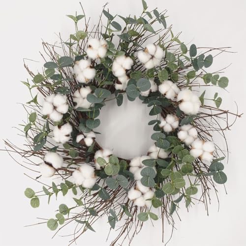 idyllic Eucalyptus and Cotton Wreath for Front Door, Artificial Wreath on a Natural Twig Base for Farmhouse, Garden, Wedding, Decor