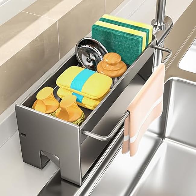 Sponge Holder for Kitchen, Sink Caddy with Auto Draining Tray, Stainless Steel Sponge Caddy Organizer, Soap Dispenser Organizer, Kitchen Utensils Accessories Storage for Countertop (B+wiping rod)