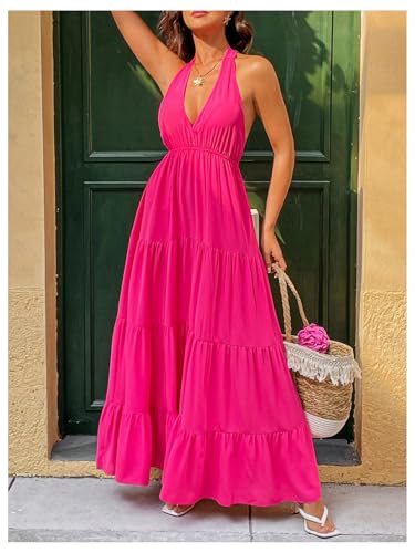 Milumia Women's V Neck Open Back Halter Dress Sleeveless Layered Summer Vacation Maxi Dresses4