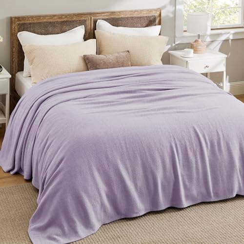 Image of Bedsure 100% Cotton Blanket, Herringbone Weave, Queen Size, Light Purple