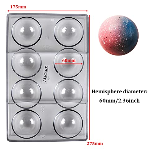 Hemisphere Chocolate Mold Polycarbonate 8 Cavity Sphere Candy Chocolate Bonbon Bomb Baking Pastry Cake Mould (Cavity Diameter:2.36Inch / 60Mm) #TOP1