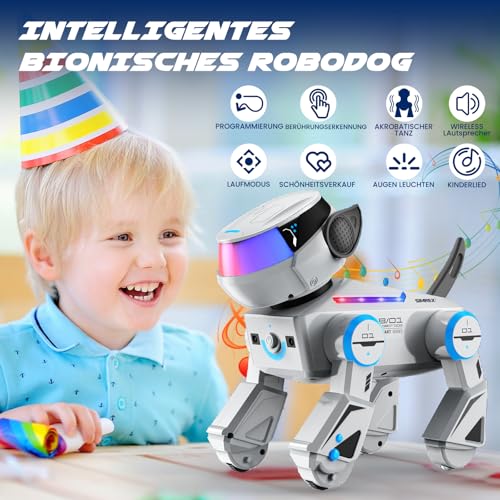SIMREX Roboter Hund Spielzeug für Kinder, Interaktiver intelligenter Roboterhund mit Berührungssensor, Bluetooth-Fernbedienung, Tanz-Tricks, LED-Augen, Geburtstagsgeschenk für Jungen und Mädchen, Grau