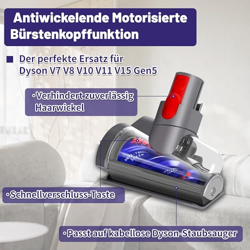 Upgrade Mini Elektrobürste für Dyson V7 V8 V10 V11 V15, Anti-Tangle Turbinendüse Aufsatz, Tierhaarbürste & Matratzenbürste, Staubsauger Zubehör Haardüse für Sofa, Auto, Polster & Teppich Reinigung