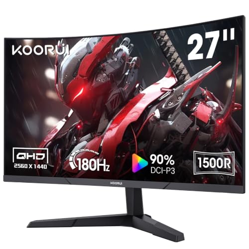 KOORUI 27 Inch Curved Gaming Monitor, QHD 180Hz 1ms, Adaptive Sync