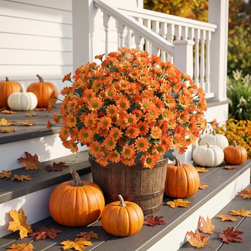 Image of HyeFlora Artificial Mums for Outdoors Fall Decor, 6 Bundles Fake Flowers UV Resistant Realistic Faux Flowers Bouquet Silk Flowers for Outside Planter Porch Patio Garden Yard Balcony Home, Orange