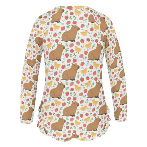 Capybara Strawberries Pattern Girls Long Sleeve Swimsuit Rash Guard One Piece Bathing Suits Zipper 3-12T3