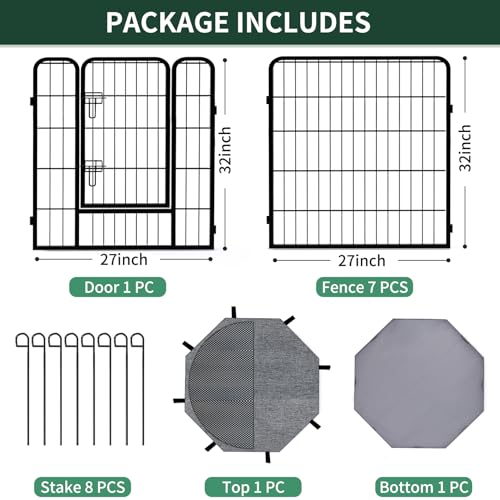 Image of PETIME Dog Playpen,Metal Exercise Puppy Pen Heavy Duty Kennels Yard Fence Indoor /Outdoor 27 inch W x 32 inch H 8 Panels Dog Cage with Octagon Top Cover and Bottom Pad
