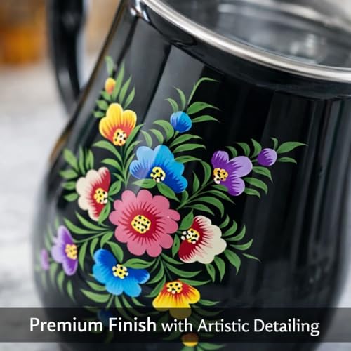 Image of iHandikart Handpainted Stainless Steel Water Jug | Black Floral Design Steel Pitcher for Water, Juice & Milk | Decorative Serving Jug for Kitchen, Dining & Home Decor | 8 x 6 Inch