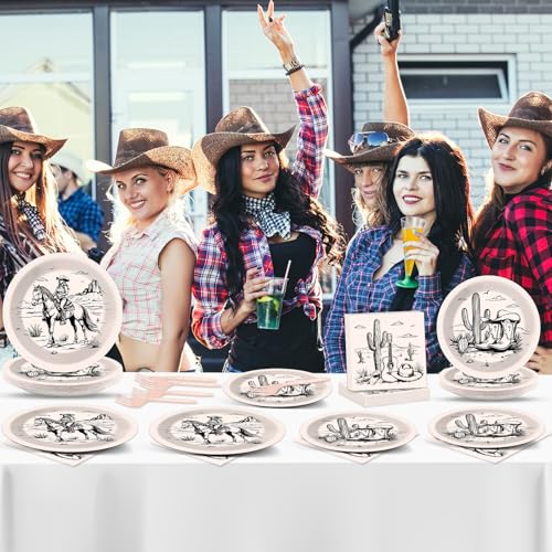 Image of gisgfim 96Pcs Western Party Plates and Napkin Happy Cowgirl Party Supplies Wild West Tableware Dinnerware Set Western Themed Paper Dinner Dessert Plate Decoration Favors for 24 Guests