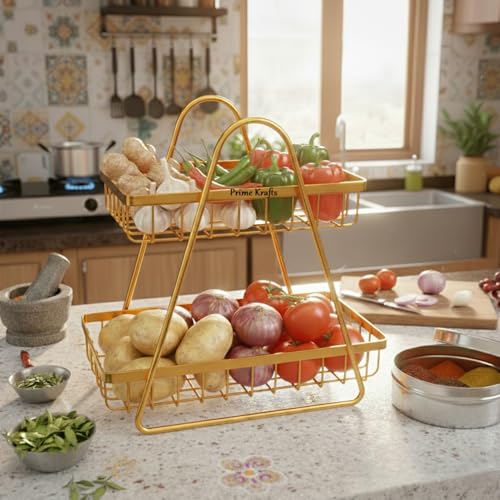 Image of 2 Tier Metal Fruit and Vegetables Basket with Handle|Fruit Vegetables Snacks and Bread Organizer for Kitchen, Dining Table, Livingroom|Bathroom Countertop Basket Stand - Gold