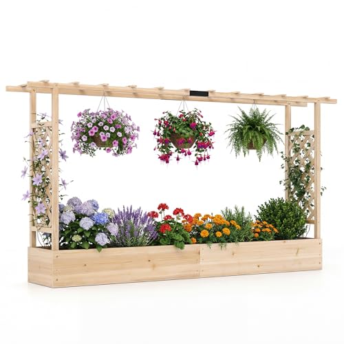 Giantex Wooden Raised Garden Bed with Trellis & Hanging Roof, Fir Wood Planter Box, 45” Freestanding Elevated Garden Bed for Outdoor Climbing Plants Vegetables Flowers, Patio & Balcony, Natural